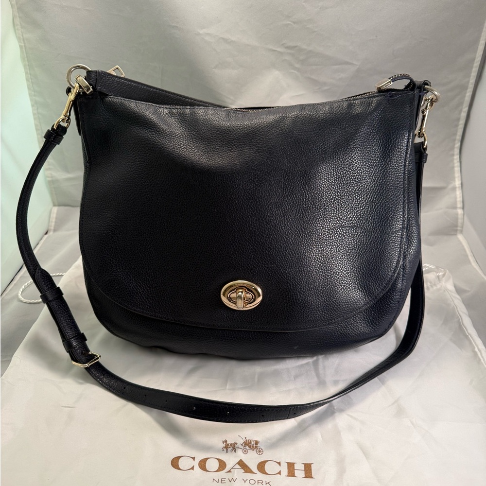 Coach 24771 Pebbled Leather Turnlock Hobo Crossbody Shoulder Bag Deep Navy Blue